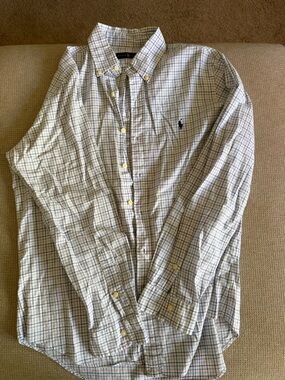 Ralph Lauren White Button-Down Shirt with Navy Windowpane Check